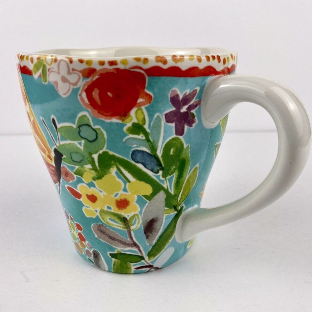 Pier 1 Imports Large Porcelain Mug, Butterfly Floral Wavy Rim Coffee Cup
